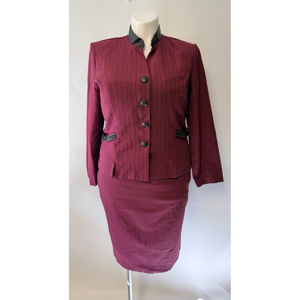 Vintage Burgundy Pinstripe Skirt Suit Set Faux Leather Trim Career Sz 16 Stretch